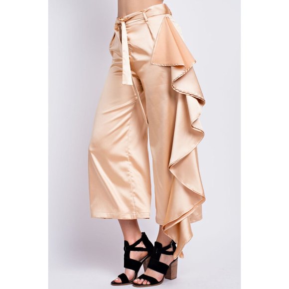Women's Casual Tie Front Silky Side Ruffle Culottes Wide Leg Pants - Picture 7 of 10